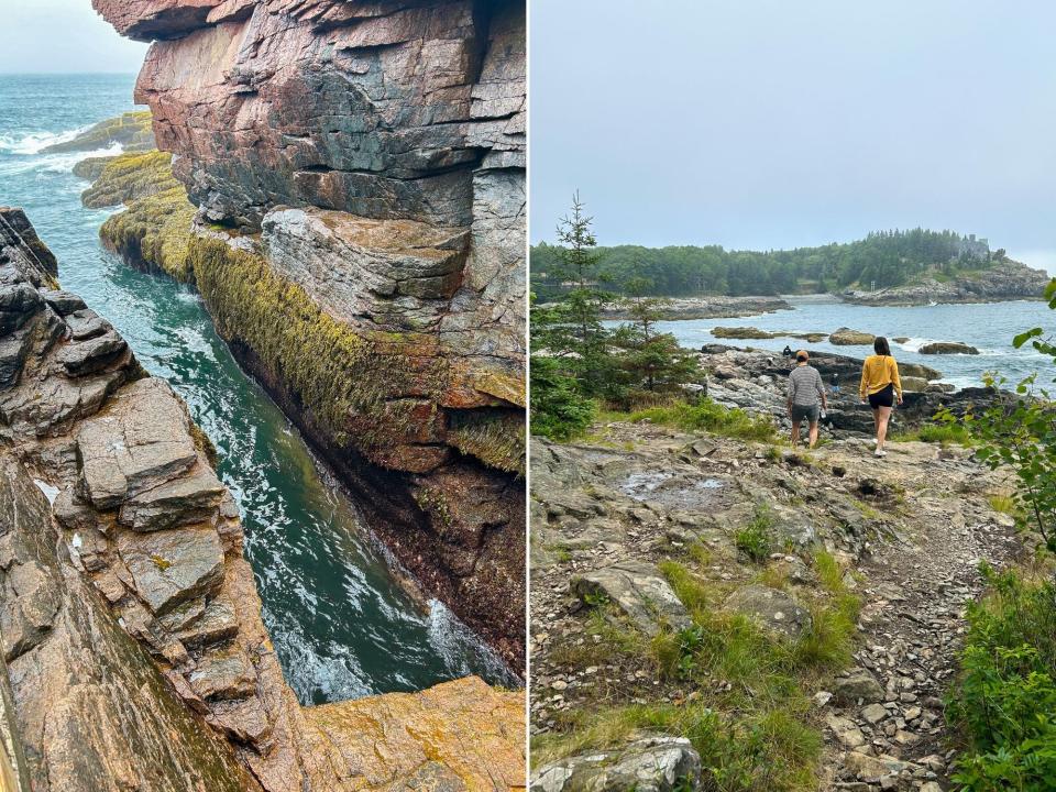 Two images of Acadia National Park. Left: the ocean flows into a narrow space between two large rocks. Right: Two people walk o a train towards the ocean