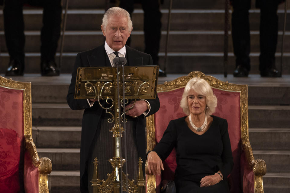 LONDON, ENGLAND - SEPTEMBER 12: King Charles III and Camilla, Queen Consort take part in an address in Westminster Hall on September 12, 2022 in London, England. The Lord Speaker and the Speaker of the House of Commons presented an Address to His Majesty on behalf of their respective House in Westminster Hall following the death of Her Majesty Queen Elizabeth II. The King replied to the Addresses. Queen Elizabeth II died at Balmoral Castle in Scotland on September 8, 2022, and is succeeded by her eldest son, King Charles III.  (Photo by Dan Kitwood/Getty Images)