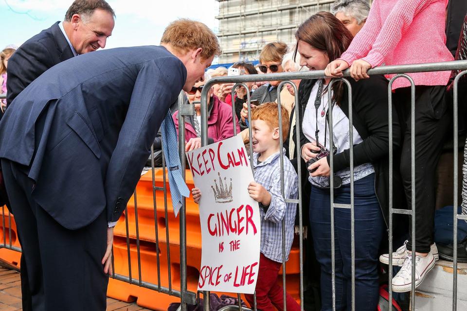 <p>Indeed, ginger is the spice of life, and this photo of Harry meeting Riley Harris during a 2015 visit to Christchurch in New Zealand is too sweet. "Gingers rule," <a rel="nofollow noopener" href="https://www.telegraph.co.uk/news/uknews/prince-harry/11598865/Prince-Harry-meets-his-old-matron-in-New-Zealand.html" target="_blank" data-ylk="slk:Harry told the young boy;elm:context_link;itc:0;sec:content-canvas" class="link ">Harry told the young boy</a>. "Don't ever let anyone hassle you about it and hang that sign up above your bed."</p>