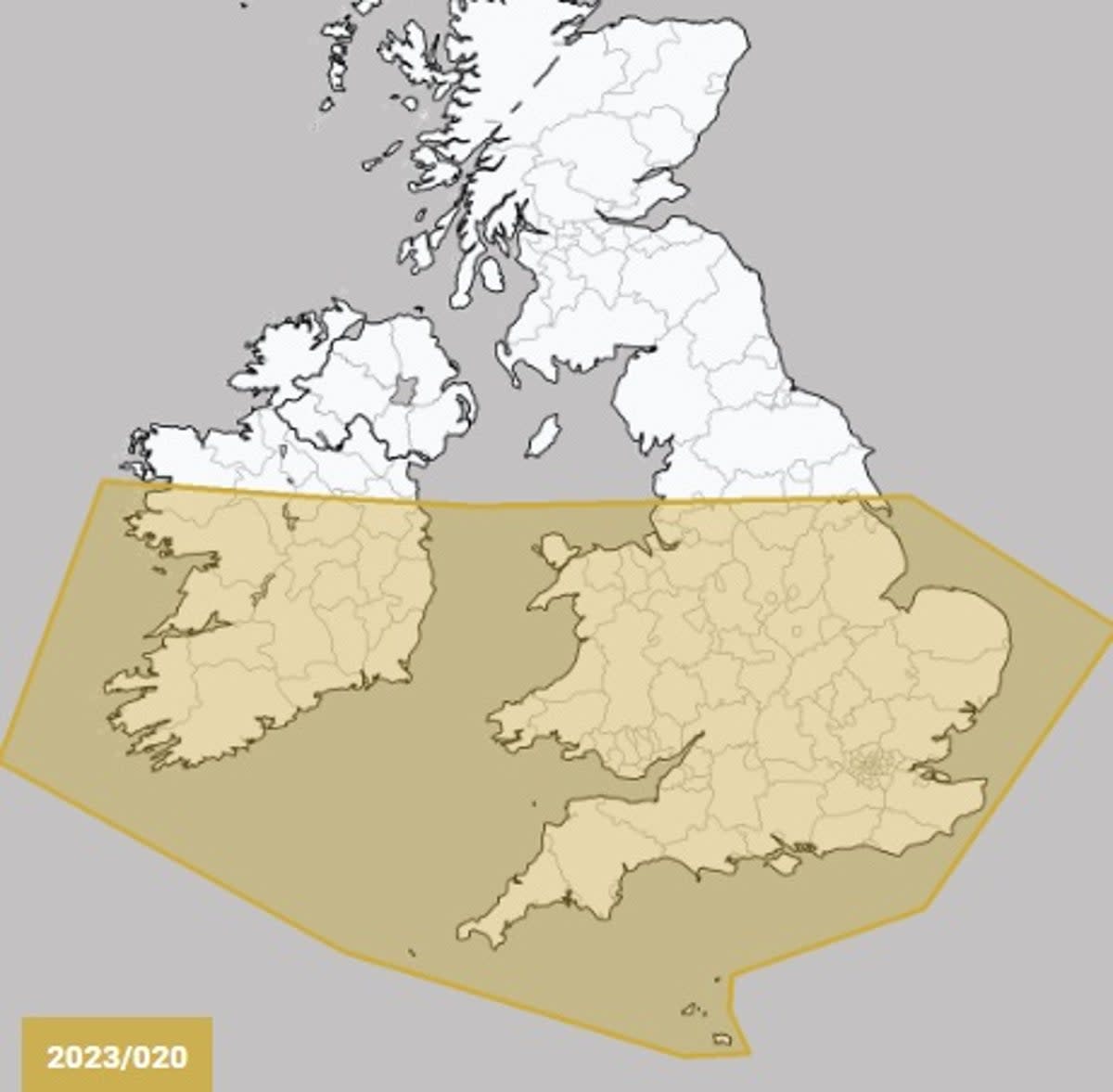 The region in the UK and Ireland where there is a risk of isolated tornadoes, according to the Tornado and Storm Research Organisation (The Tornado and Storm Research Organisation)