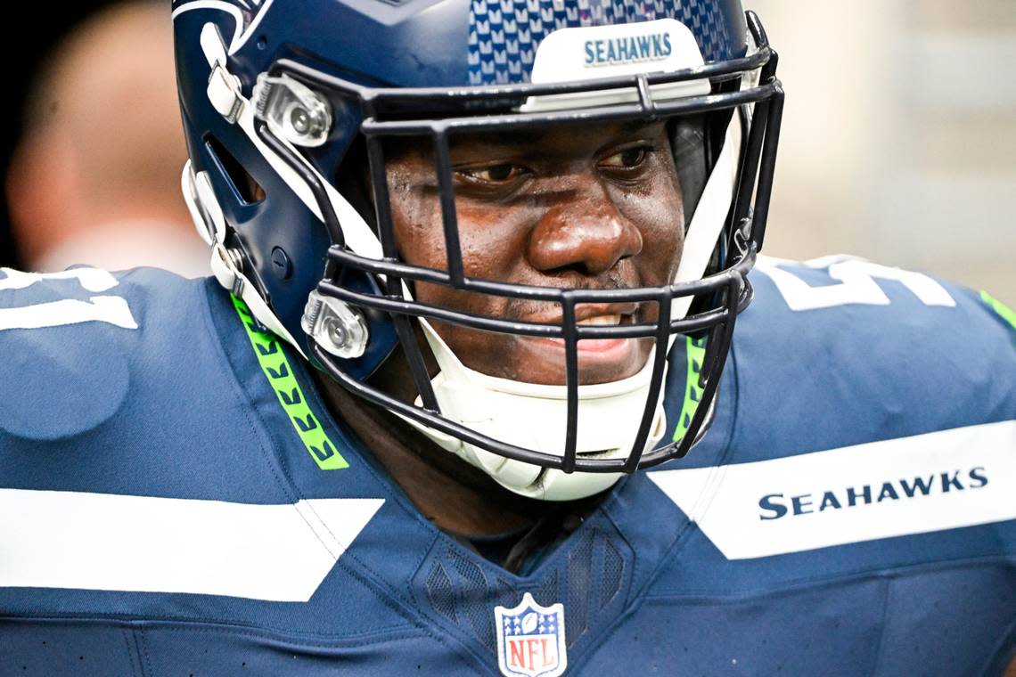 Seattle Seahawks center Olu Oluwatimi (51)of the game at Lumen Field, Sunday, Oct. 22, 2023, in Seattle, Wash.