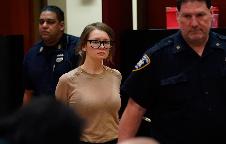 Anna Sorokin better known as Anna Delvey, the 28-year-old German national, whose family moved there in 2007 from Russia, is seen in the courtroom during her trial at New York State Supreme Court in New York on April 11, 2019. - The self-styled German heiress has been charged with grand larceny and theft of services charges alleging she swindled various people and businesses. (Photo by TIMOTHY A. CLARY / AFP) (Photo credit should read TIMOTHY A. CLARY/AFP via Getty Images)