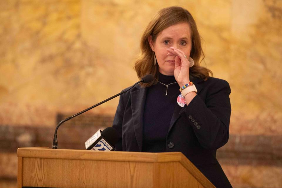 Sen. Dinah Sykes, D-Lenexa, tears up while speaking at an abortion-rights rally at the Statehouse