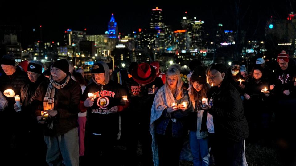 PHOTO: People attend a candlelight vigil for victims of a shooting at a Kansas City Chiefs Super Bowl victory rally, Feb. 15, 2024 in Kansas City. (Charlie Riedel/AP)