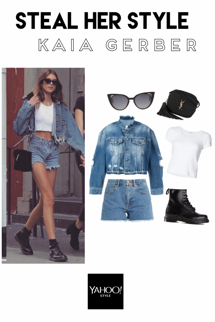 (Bild: Getty Images, Collage via Polyvore: Jeansjacke von Marcelo Burton rund 250 EUR, Jeans-Shorts von M.i.h. Jeans rund 100 EUR, Cat-Eye Sonnenbrille von Fundi rund 220 EUR, Tasche von YSL rund 890 EUR, Boots von Dr.Martens rund 170 EUR)