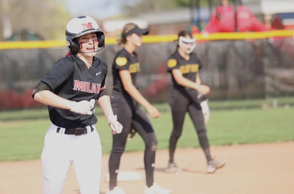 Milan's Tierra Ronayne rounds the bases after hitting a home run during a 5-3 win over Flat Rock Tuesday.