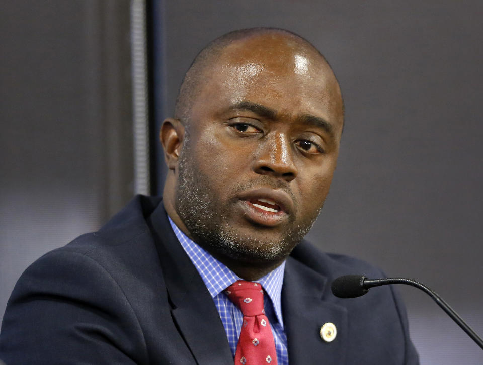 FILE - In this Sept. 11, 2018, file photo, Assemblyman Tony Thurmond, D-Richmond, then a candidate for superintendent of public instruction, appears at a debate in Sacramento, Calif. California's State Board of Education votes Thursday, March 18, 2021, on a long-anticipated model ethnic studies curriculum for high schools across the state. The process took over two years, multiple versions, and drew nearly 100,000 public comments. “We’ve worked to bring justice to what we believe the ethnic studies movement to be about,” Thurmond told reporters. (AP Photo/Rich Pedroncelli, File)