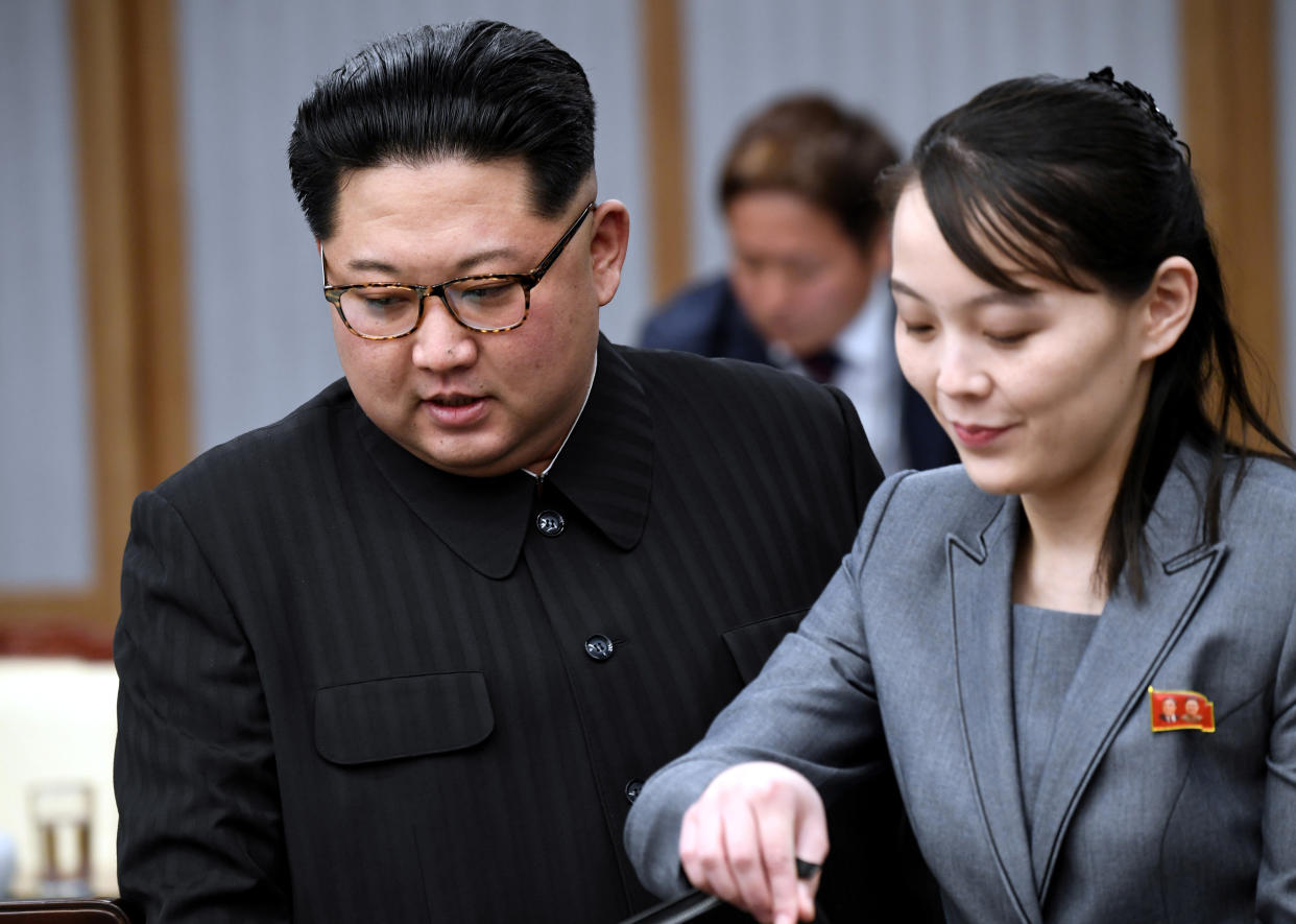 North Korean leader Kim Jong Un and his sister Kim Yo Jong attend a meeting with South Korean President Moon Jae-in at the Peace House at the truce village of Panmunjom inside the demilitarized zone separating the two Koreas, South Korea, April 27, 2018.   Korea Summit Press Pool/Pool via Reuters