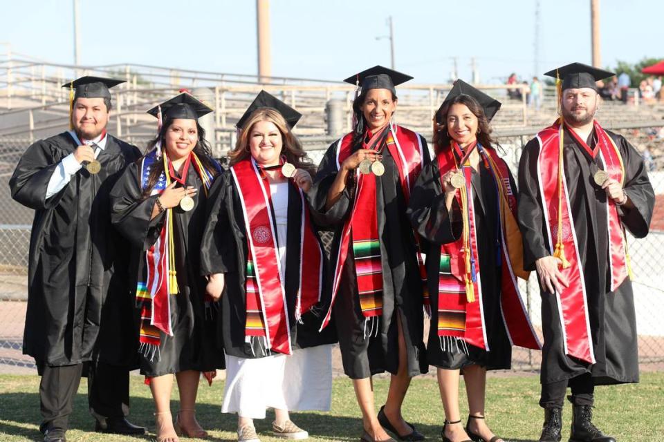 This year’s recipients of the FCC 2023 Dean’s Medallion of Excellence Award for each division are: left to right, Anthony Ramirez, of Fresno, Business Education Division; Maria Rivera, of San Francisco, Counseling and Guidance Division; Melinda Radilla, Fresno, Humanities Division; Angela Grantham, of Fresno, Applied Technology Division; Amarisa Gonzalez, of Sanger, Math, Science and Engineering Division; and Dominick Callahan, of Clovis, Fine, Performing & Communication Arts Division. Not pictured: Sunshine Derek, of Fresno, Allied Health, Physical Education and Athletics Division; and Patricia Gonzales, of Visalia, Social Sciences Division.