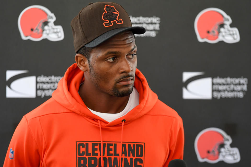 Deshaun Watson didn't seem to show much contrition when in front of microphones on Thursday, and neither did the brain trust of his new NFL team. (Photo by Nick Cammett/Getty Images)
