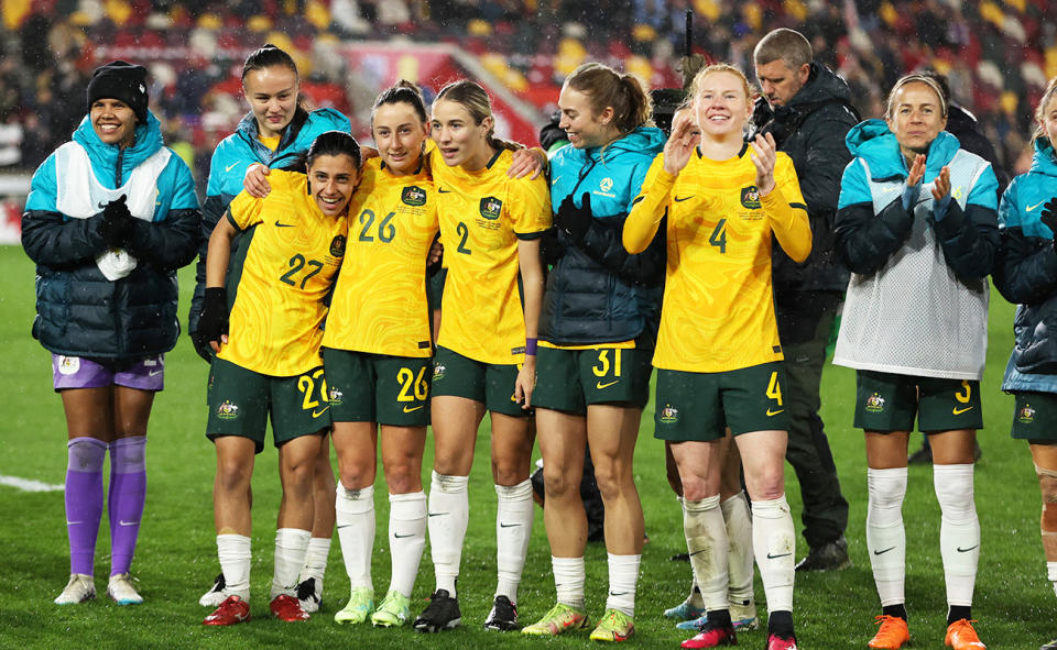 Matildas players, pictured here celebrating after their win over England.