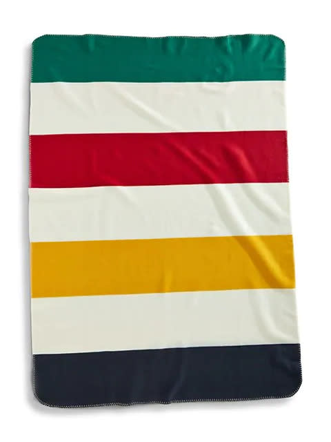 HBC Stripes Multistripe Fleece Throw with red, yellow, green, navy and cream wide stripes