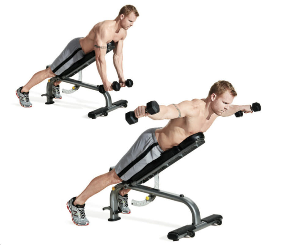 How to do it:<ol><li>Set an adjustable bench to a 30-degree incline and lie on it chest-down with a dumbbell in each hand. </li><li>Squeeze your shoulder blades together and raise your arms out 90 degrees to your sides so your palms face down in the top position.</li></ol>Pro tip:<p>Keep your neck neutral to avoid strain.</p>Variation:<p>This move can also be done isolating one arm at a time. Perform 2-3 sets on one side before alternating to the other.</p>