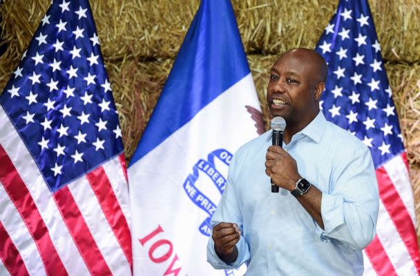 PHOTO: Republican presidential candidate Tim Scott speaks at the 'Roast and Ride' event hosted by U.S. Senator Joni Ernst while campaigning in Des Moines, Iowa, June 3, 2023. (Dave Kaup/Reuters)