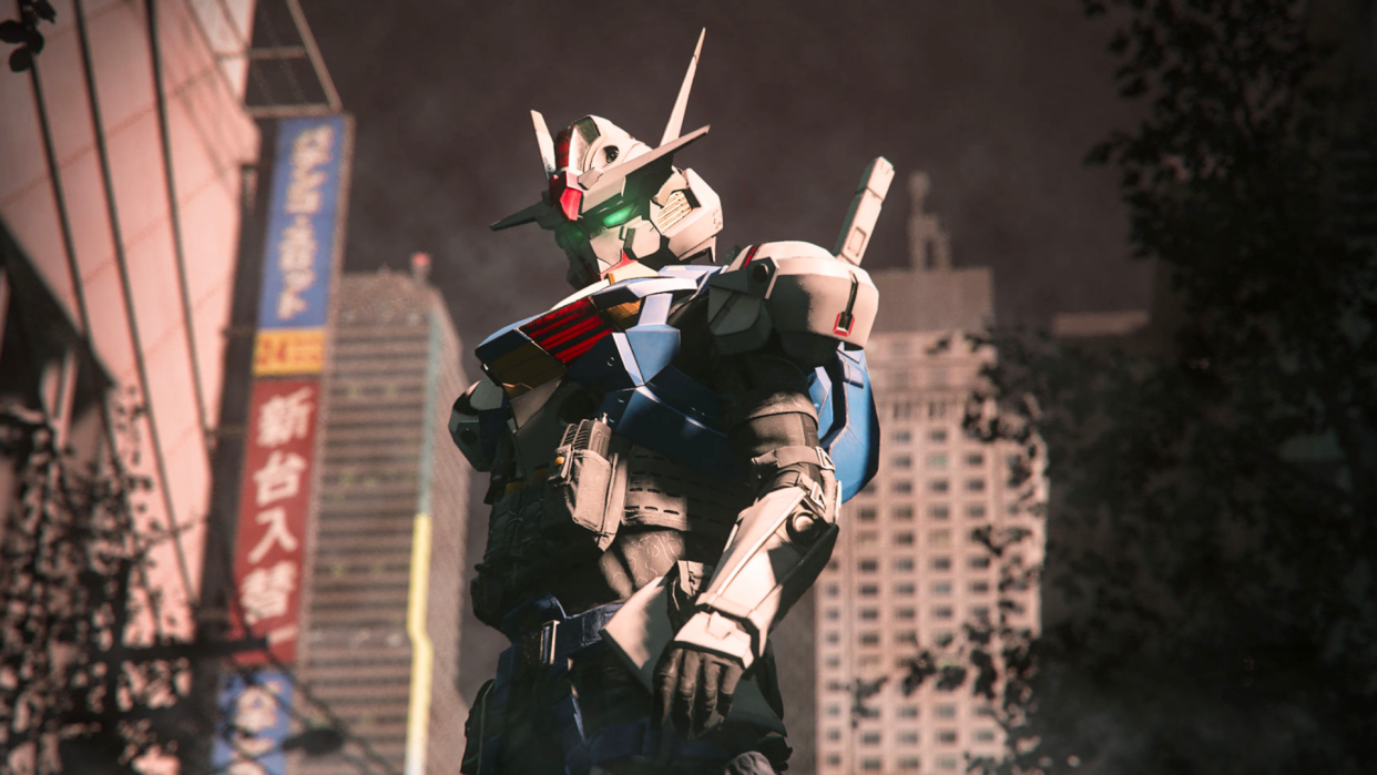  Gundam standing in a city. 