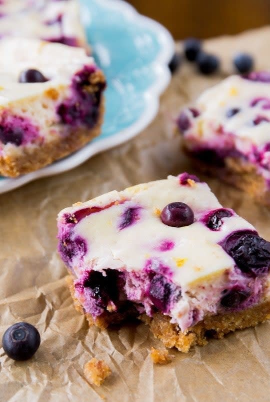 A lemon blueberry cheesecake bar.