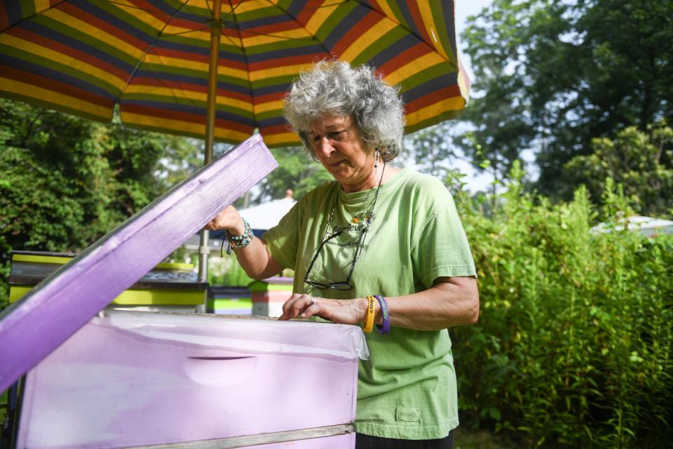 Beekeeper Deborah Sasser tends to her bees at her home on Wednesday, July 19, 2023. Sasser is the owner of Sasserfrass Hill Bee Farms.