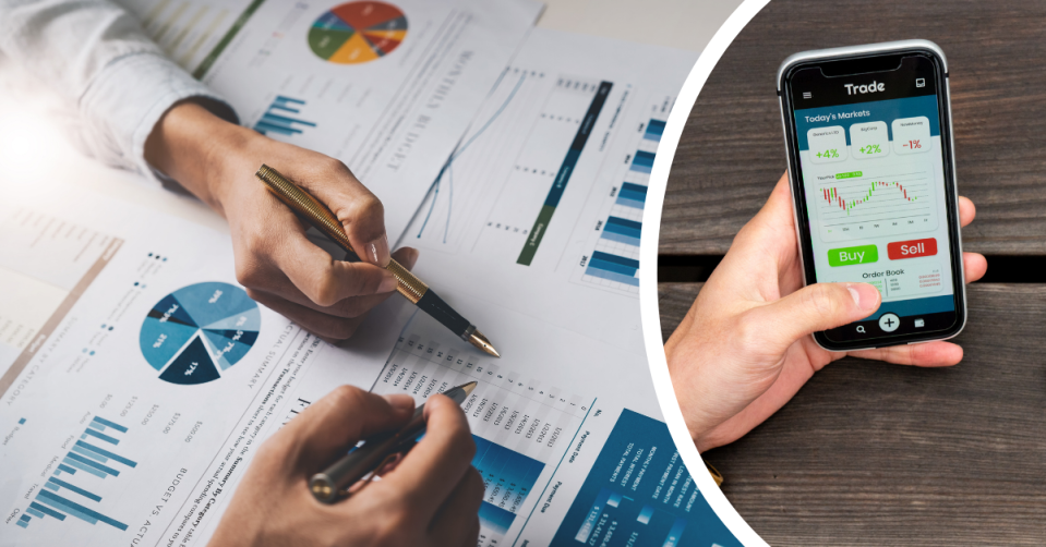 A close up of two people looking at charts and figures and a young hand holding a phone showing a trading app.