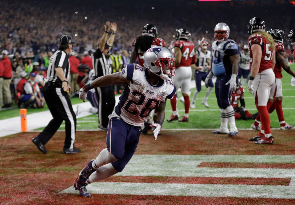 New England Patriots' James White celebrates after scoring the winning touchdown during overtime of the NFL Super Bowl 51 football game against the Atlanta Falcons, Sunday, Feb. 5, 2017, in Houston. (AP Photo/Elise Amendola)