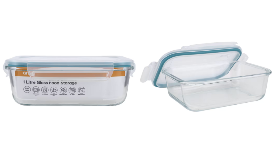 The Kmart 1 Litre Glass Food Storage container. Photo: Kmart