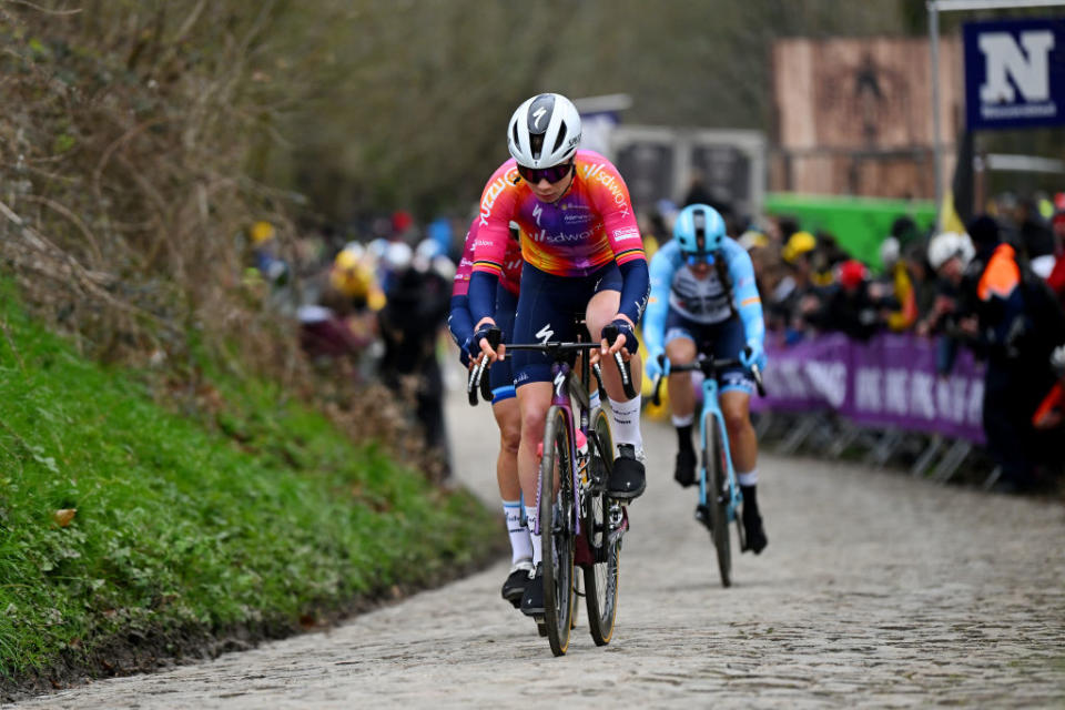 OUDENAARDE BELGIUM  APRIL 02 Lotte Kopecky of Belgium and Team SD Worx competes passing through a Koppenberg cobblestones sector during the 20th Ronde van Vlaanderen  Tour des Flandres 2023 Womens Elite a 1566km one day race from Oudenaarde to Oudenaarde  UCIWWT  on April 02 2023 in Oudenaarde Belgium Photo by Luc ClaessenGetty Images