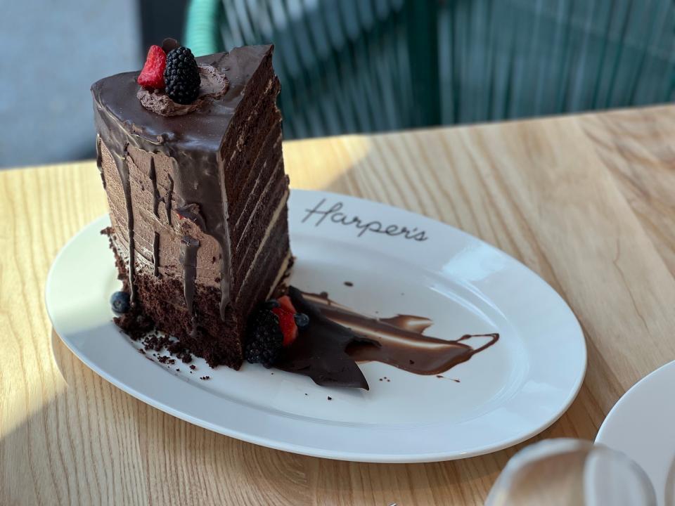 The 12-layer chocolate cake is one of the items on the dessert menu at Harper's, an upscale steakhouse in Nashville, Tenn.