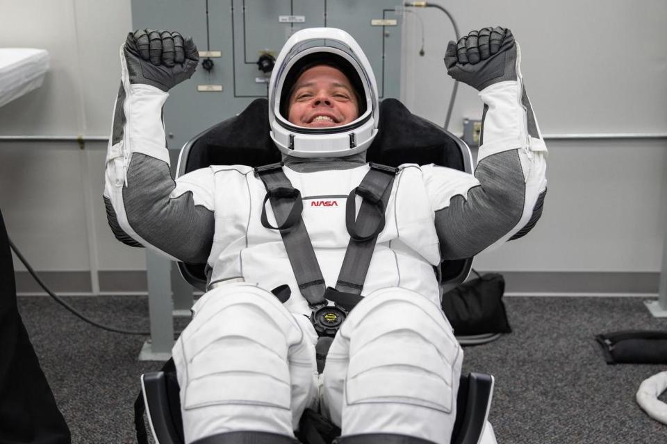 Bob Behnken in his custom smart spacesuit, designed to withstand a loss in air pressure (PA)