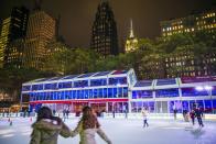 <p>While you're at Bryant Park, don't forget to grab a pair of skates to take several laps around the free admission risk, where you can skate outdoors surrounded by holiday cheer. (This year, skating will be by timed reservation only.) Another option, of course, is the iconic <a href="https://www.rockefellercenter.com/attractions/the-rink-at-rockefeller-center/" rel="nofollow noopener" target="_blank" data-ylk="slk:Rink at Rockefeller Center;elm:context_link;itc:0;sec:content-canvas" class="link ">Rink at Rockefeller Center</a> (open 9 a.m. to 12 a.m.), where you'll be able to skate under the famous Christmas tree! <br></p>