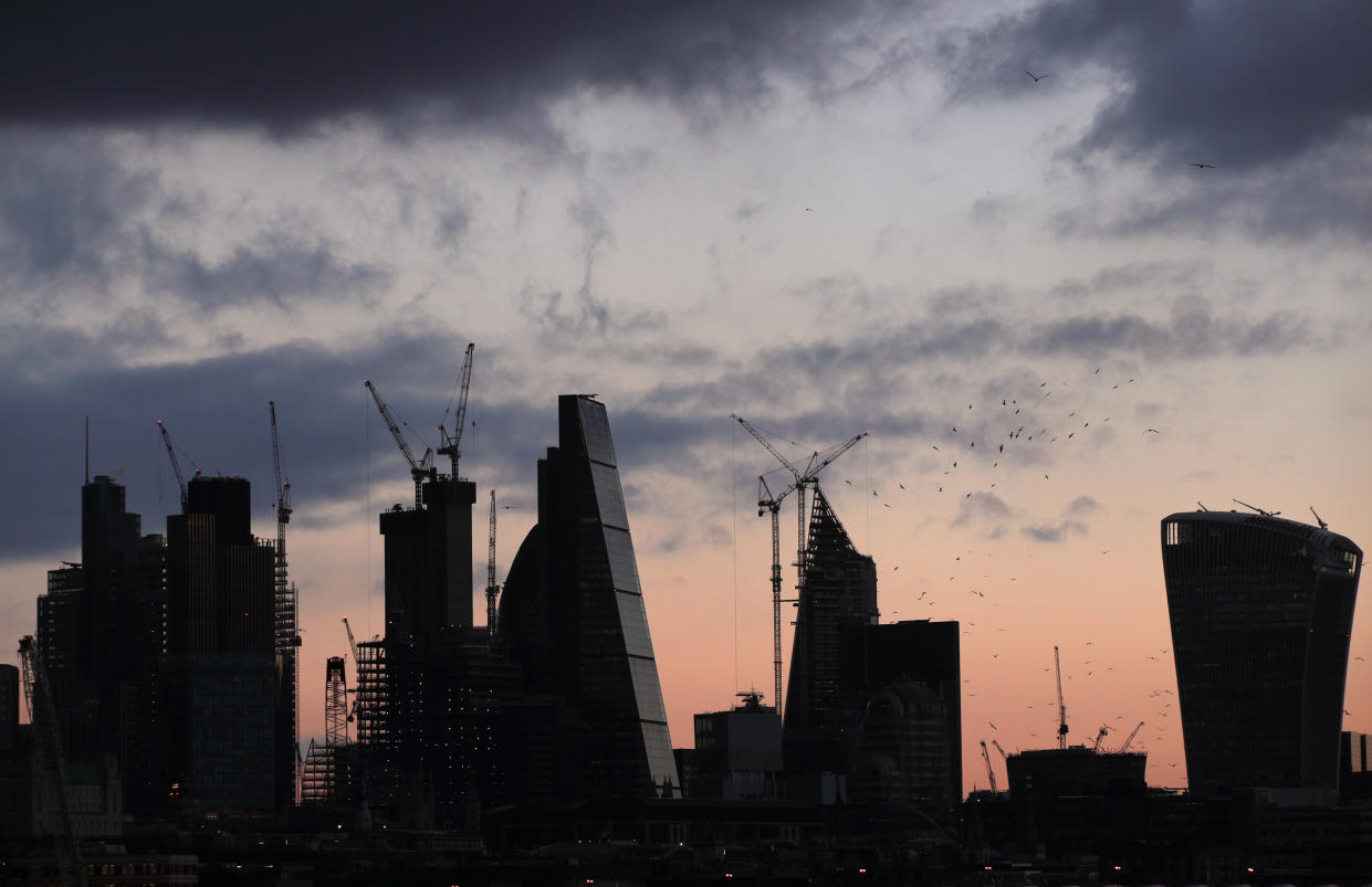 A view of the City of London skyline before sunset. (Photo by Yui Mok/PA Images via Getty Images)