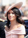 <p>For the Trooping the Color parade on June 9, Markle, 36, sought inspiration from the Duchess of Cambridge, as she debuted seriously glossy waves. (Photo: Getty Images) </p>