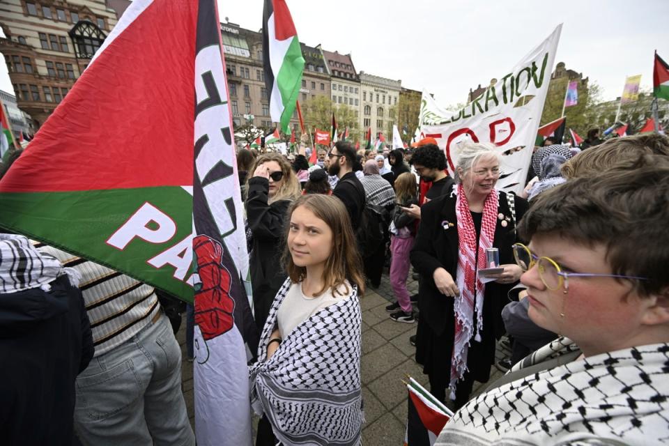 Greta Thunberg joins demonstrators at a pro-Palestine march in Malmo ahead of the Eurovision Song Contest (TT)