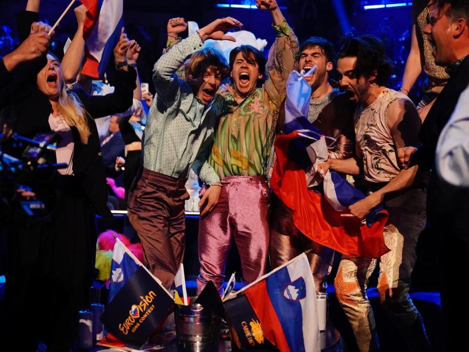 Slovenia entrant Joker Out celebrate getting through to the final during the semi-final 2 of Eurovision Song Contest at the M&S Bank Arena in Liverpool (PA)