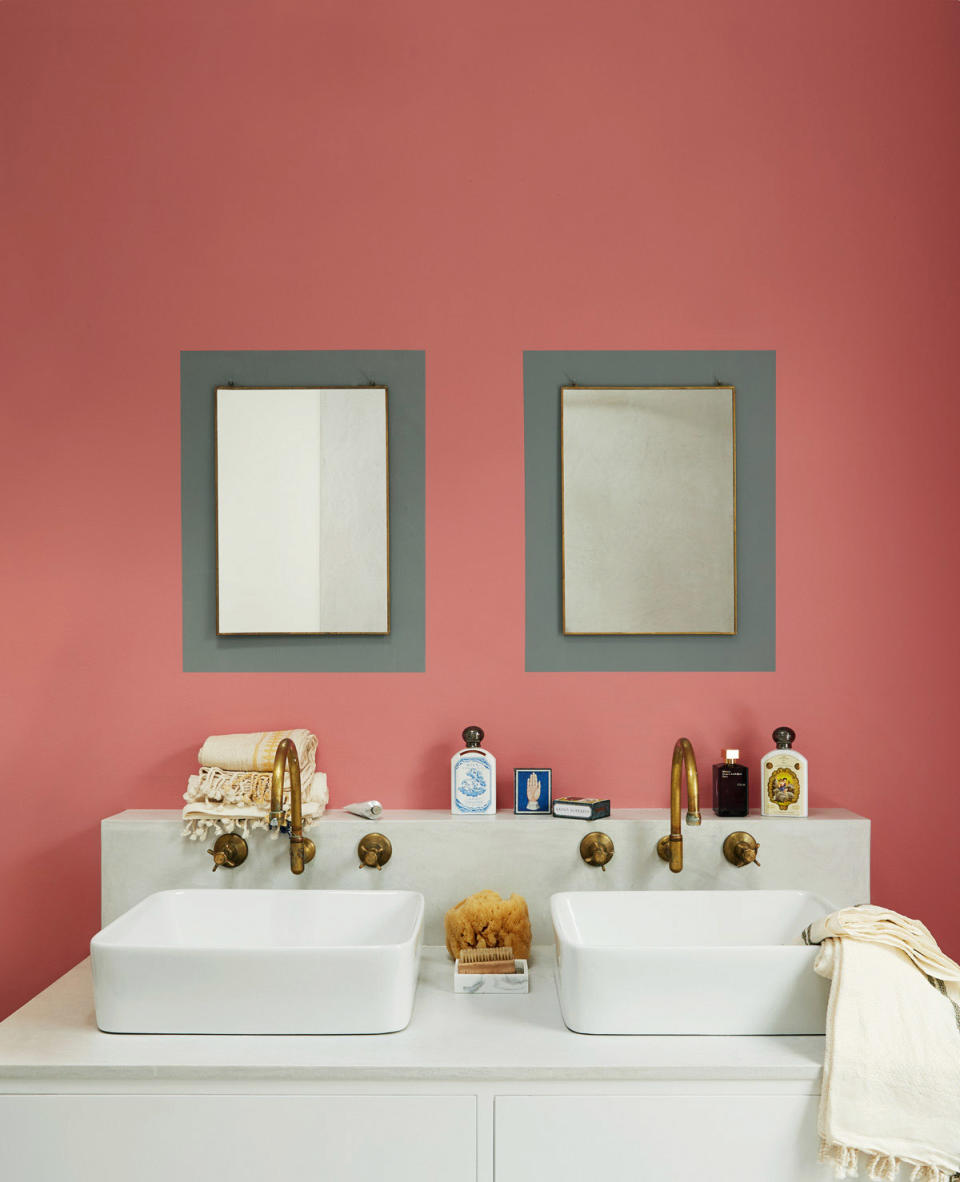 <p> Give your bathroom mirrors some extra interest by painting a frame onto your wall. This is a great way to revamp your look sustainably, using what you already have and giving it a new spin.&#xA0; </p> <p> All you need is your existing mirrors, some left over paint, and masking tape and you&apos;re good to go. We&apos;re loving this fail safe color combo of pink and grey by Earthborn. </p>