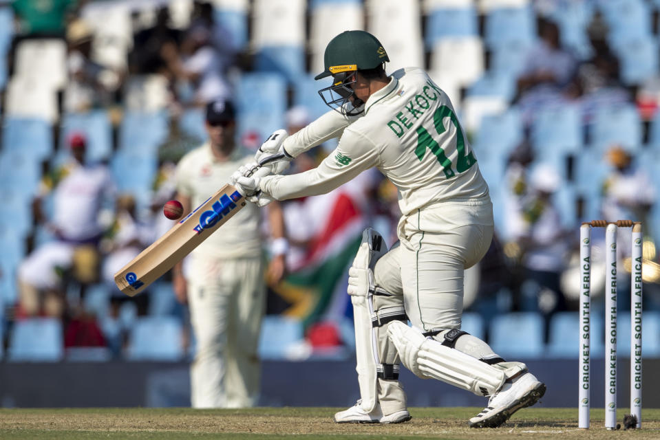 South Africa's batsman Quinton de Kock plays a shot on day one of the first cricket test match between South Africa and England at Centurion Park, Pretoria, South Africa, Thursday, Dec. 26, 2019. (AP Photo/Themba Hadebe)
