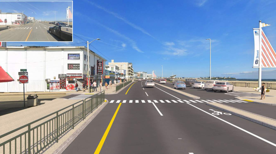 Images of a proposed reconstruction of Ocean Boulevard presented to the public by Department of Transportation officials Tuesday. Pictured is B Street where permanent barriers and new sidewalks are being considered.