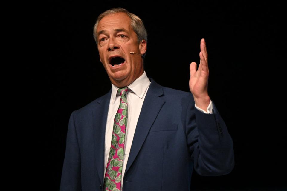 Reform UK leader Nigel Farage speaking at his party’s rally in Birmingham on Sunday (AFP via Getty Images)