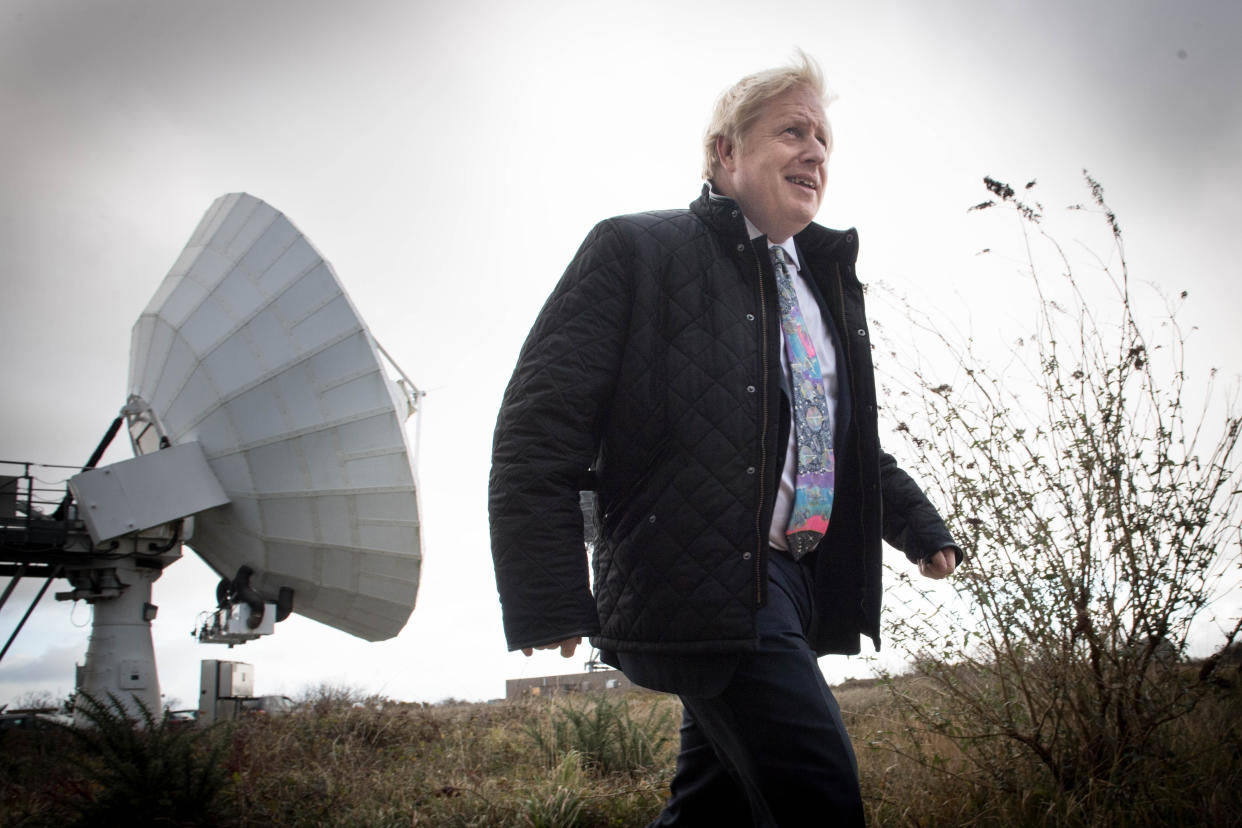 Prime Minister Boris Johnson visits the Goonhilly Earth Station, near Helston in Cornwall, whilst on the General Election campaign trail. PA Photo. Picture date: Wednesday November 27, 2019. See PA story POLITICS Election. Photo credit should read: Stefan Rousseau/PA Wire