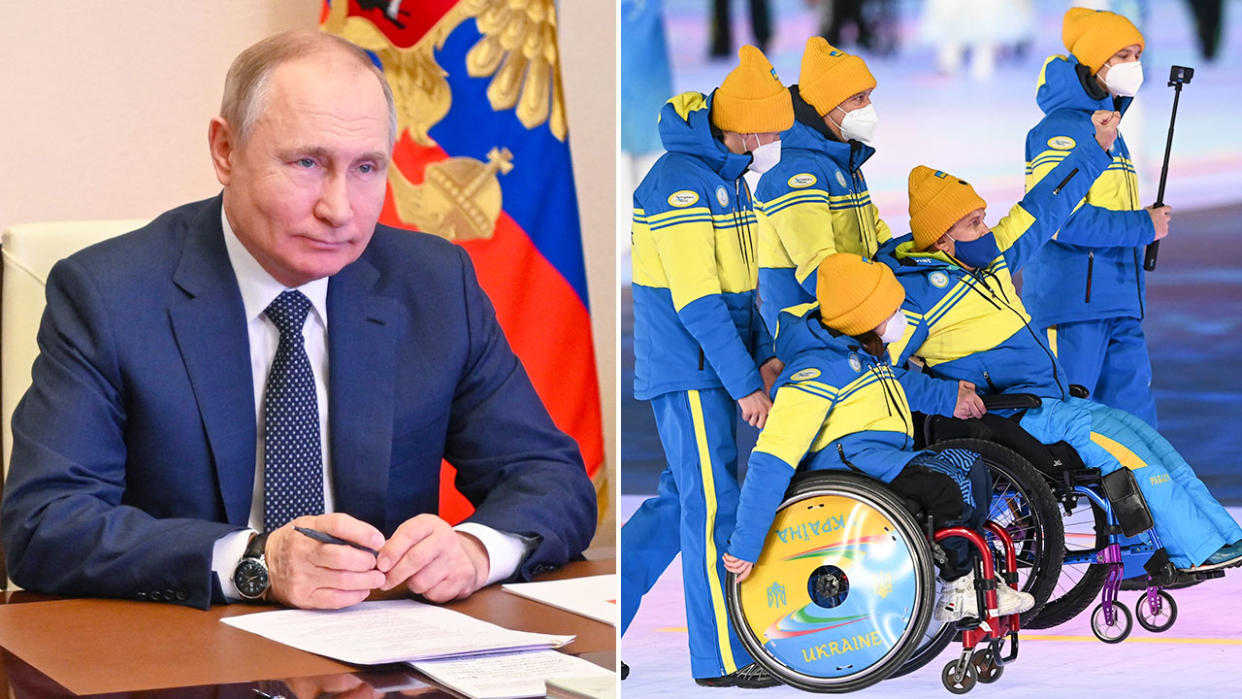 Pictured left is Russian leader Vladimir Putin alongside a shot of Ukrainian Paralympics athletes.