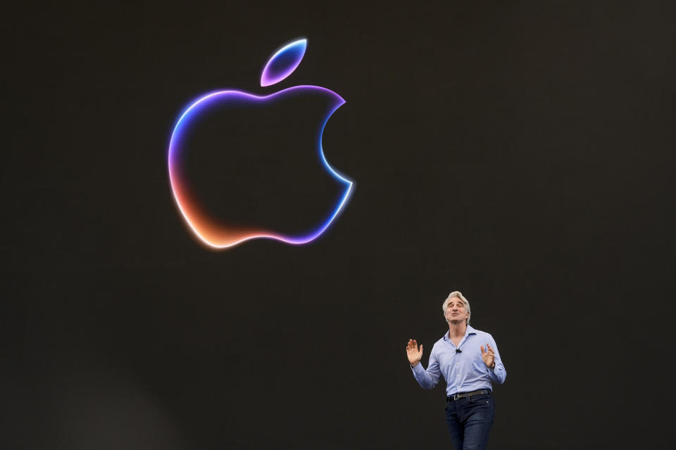 Craig Federighi, Apple's senior vice president of software engineering, speaks during an announcement of new products at the Apple campus in Cupertino, Calif., on Monday, June 10, 2024. (AP Photo/Jeff Chiu)