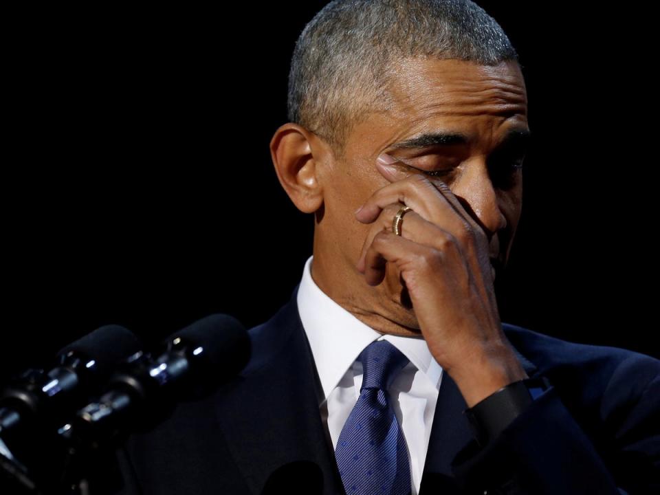 Obama farewell address - 10 January 2017: US President Barack Obama wipes away tears as he delivers his farewell address in Chicago on 10 January, 2017. Photographer Jonathan Ernst: 