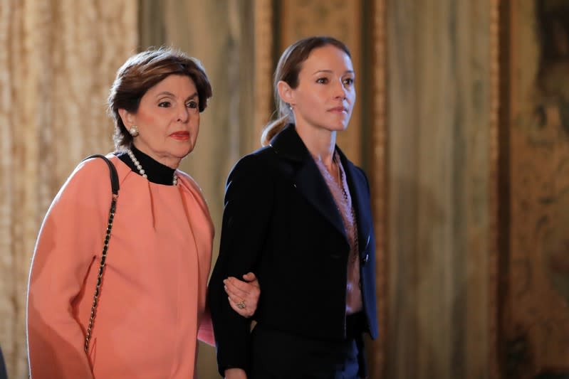 Attorney Gloria Allred arrives with her client Teala Davies to speak about a lawsuit alleging that Davies was assaulted by Jeffrey Epstein for two years during a press conference in New York City