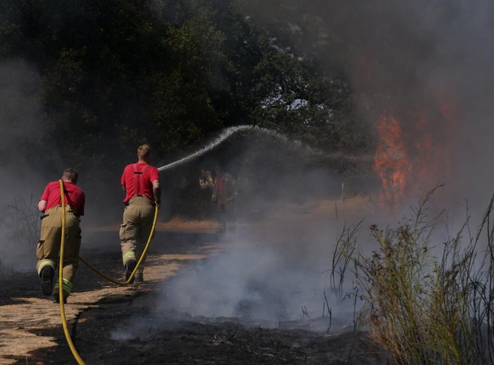 Firefighters battle a grass fire on Leyton Flats in east London, as a drought has been declared for parts of England following the driest summer for 50 years (Yui Mok/PA) (PA Wire)