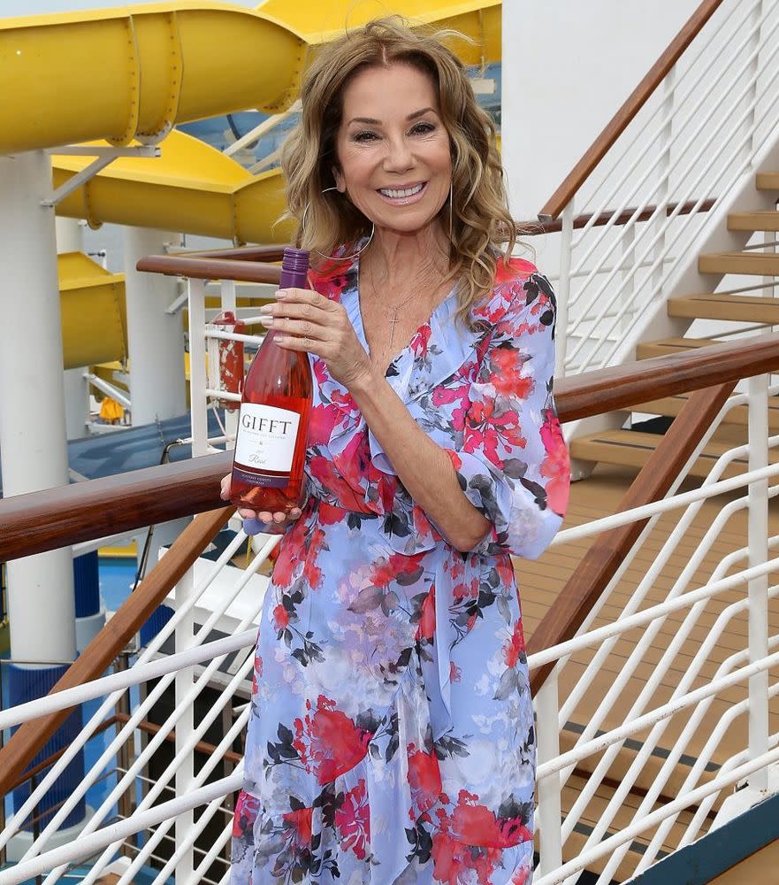 Kathie Lee Gifford with a bottle of her GIFFT wine, which Carnival serves across its fleet, aboard the Carnival Sunrise on May 23 in N.Y.C. | Gary Miller for Carnival Cruise Line