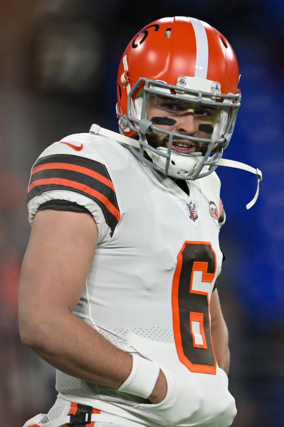 Nov 28, 2021; Baltimore, Maryland, USA; Cleveland Browns quarterback Baker Mayfield (6) stands on the field before the game against the Baltimore Ravens  at M&T Bank Stadium. Mandatory Credit: Tommy Gilligan-USA TODAY Sports