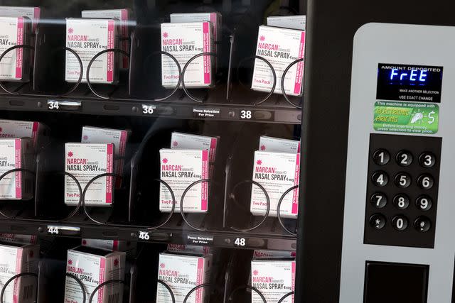 <p>Scott Olson/Getty</p> Narcan available in a vending machine.