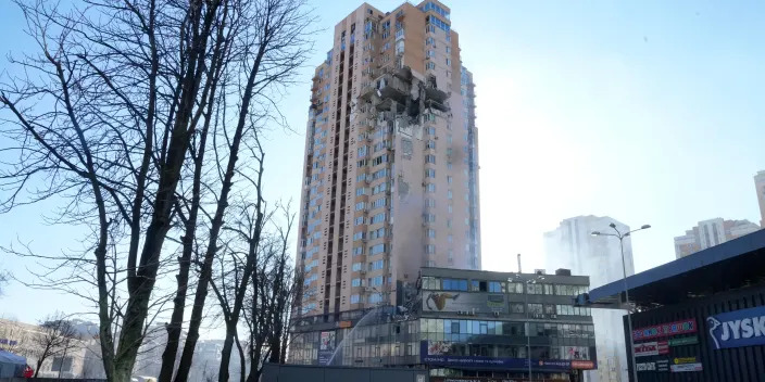 An apartment building damaged in Kyiv, Ukriane.