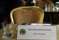 The empty seat of Jordan's Prince Ali Bin Al Hussein, FIFA Vice-President and presidential candidate, is seen before a meeting of the Confederation of African Football (CAF) in Zurich, Switzerland, May 27, 2015. REUTERS/Arnd Wiegmann