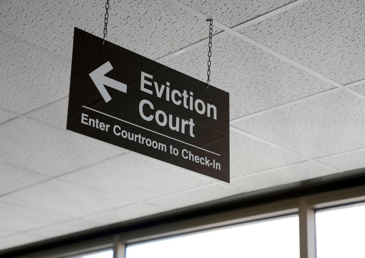 Eviction Court proceedings are held in Franklin County Municipal Courtroom 11B. About 35% more cases were filed from March 2023 to March 2024 than the pre-COVID-19 pandemic average.