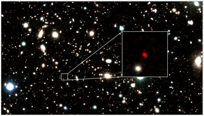 The distant early galaxy HD1 is shown at the center of a zoom-in image