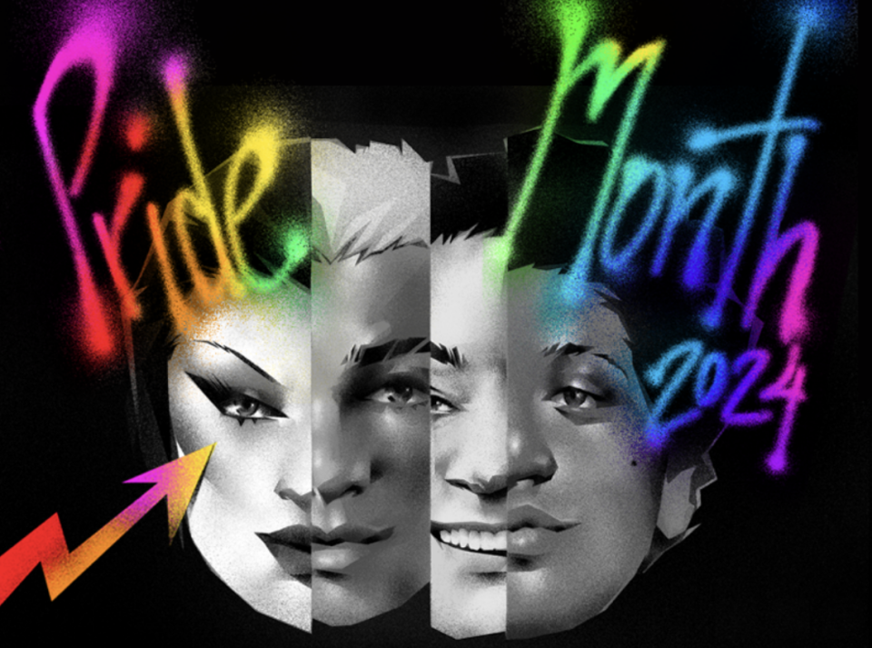 Illustration of diverse faces split by vibrant graffiti-style text: "Pride Month 2024", with a rainbow arrow pointing to the leftmost face